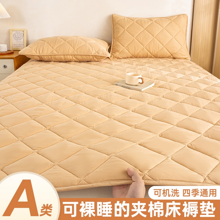 91家纺网 家纺一手货源 找家纺 憨豆家纺 2025新款水洗棉磨毛夹棉床笠四季床垫褥子床护垫薄款学生宿舍榻榻米垫被跨境加棉保护垫 床护垫-棕黄色