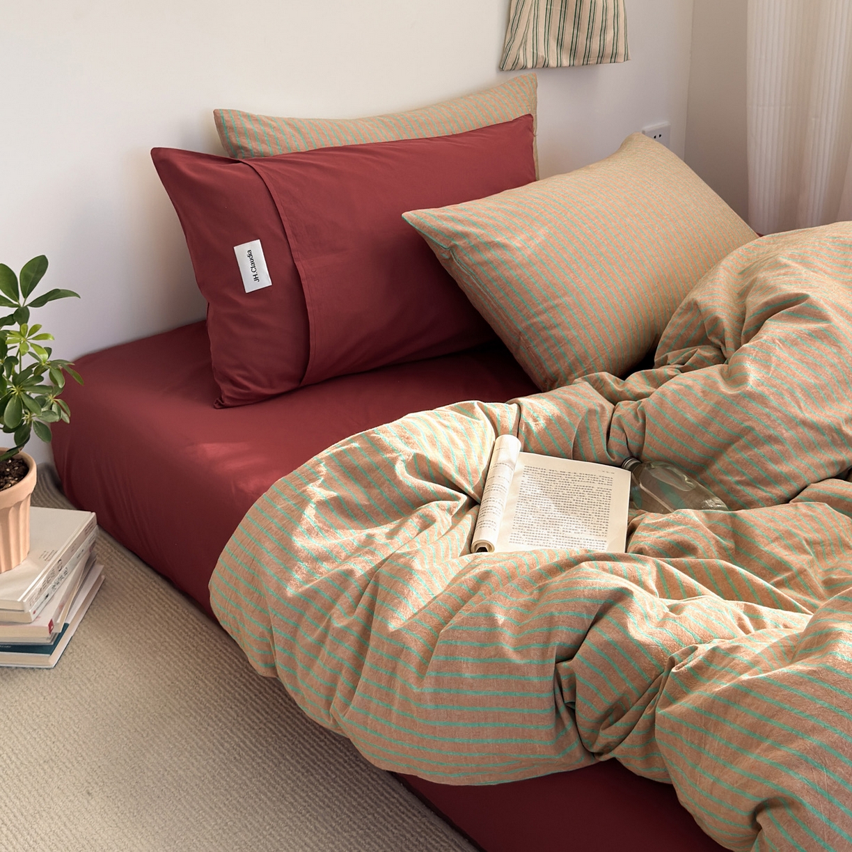 91家纺网 家纺一手货源 找家纺 玖弘家居 2025新款全棉纯棉水洗棉五色条纹混搭单被套 混搭桔红条