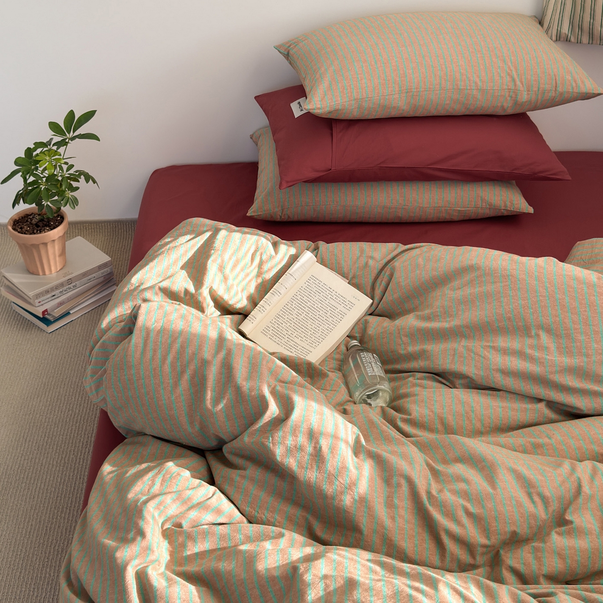 91家纺网 家纺一手货源 找家纺 玖弘家居 2025新款全棉纯棉水洗棉五色条纹混搭单被套 混搭桔红条