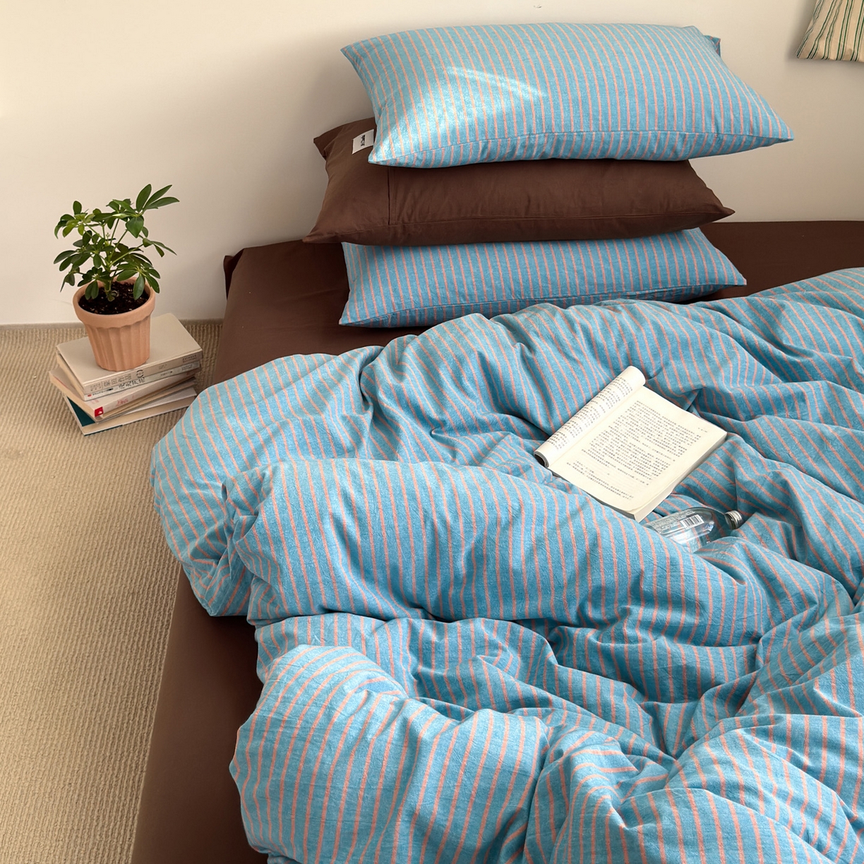 91家纺网 家纺一手货源 找家纺 玖弘家居 2025新款全棉纯棉水洗棉五色条纹混搭单被套 混搭蓝咖条