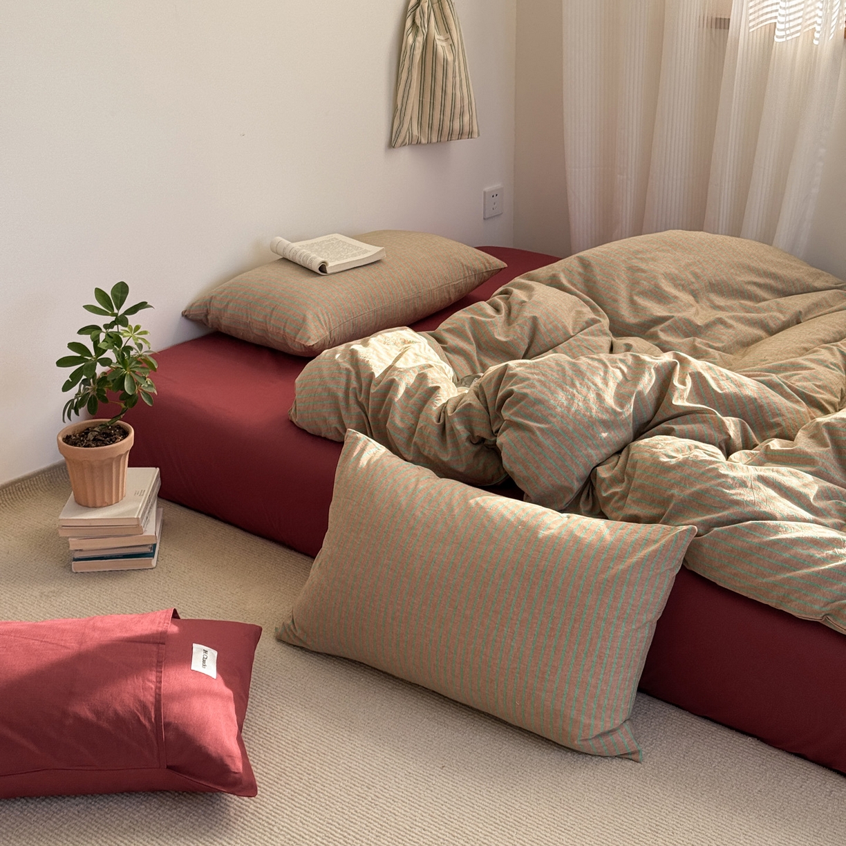 91家纺网 家纺一手货源 找家纺 玖弘家居 2025新款全棉纯棉水洗棉五色条纹混搭单被套 混搭桔红条