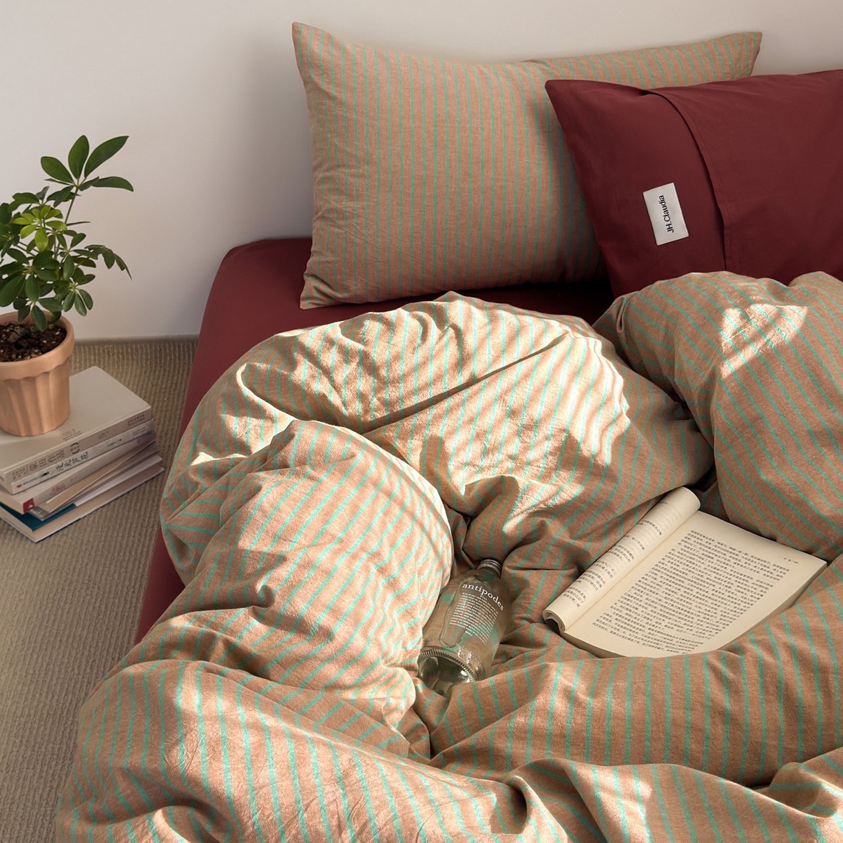 91家纺网 家纺一手货源 找家纺 玖弘家居 2025新款全棉纯棉水洗棉五色条纹混搭单被套 混搭桔红条