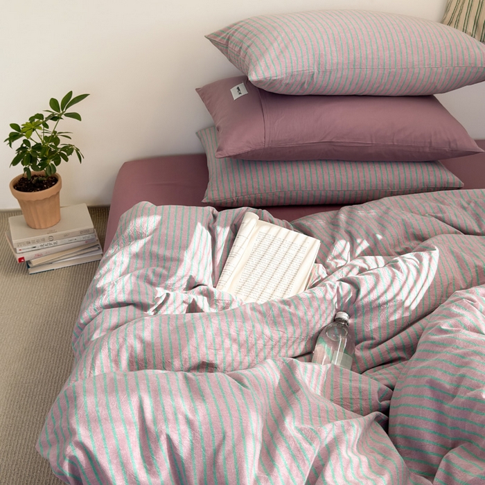 91家纺网 家纺一手货源 找家纺 玖弘家居 2025新款全棉纯棉水洗棉五色条纹混搭单被套 混搭紫粉条