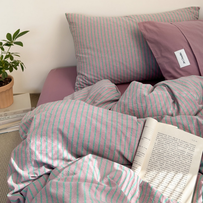 91家纺网 家纺一手货源 找家纺 玖弘家居 2025新款全棉纯棉水洗棉五色条纹混搭单被套 混搭紫粉条