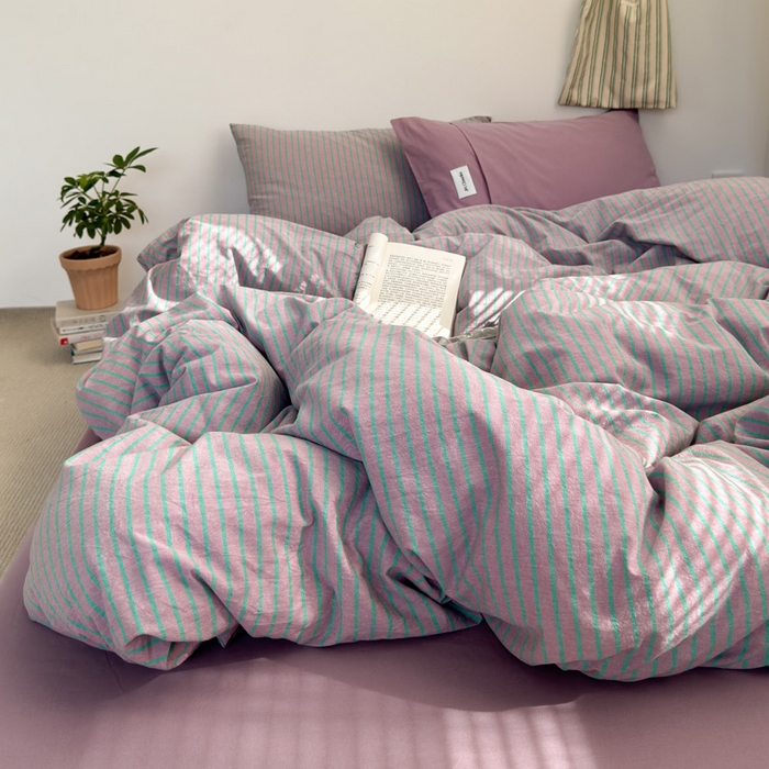 91家纺网 家纺一手货源 找家纺 玖弘家居 2025新款全棉纯棉水洗棉五色条纹混搭单被套 混搭紫粉条