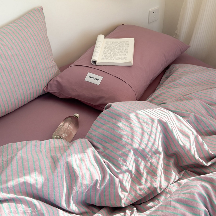 91家纺网 家纺一手货源 找家纺 玖弘家居 2025新款全棉纯棉水洗棉五色条纹混搭单被套 混搭紫粉条