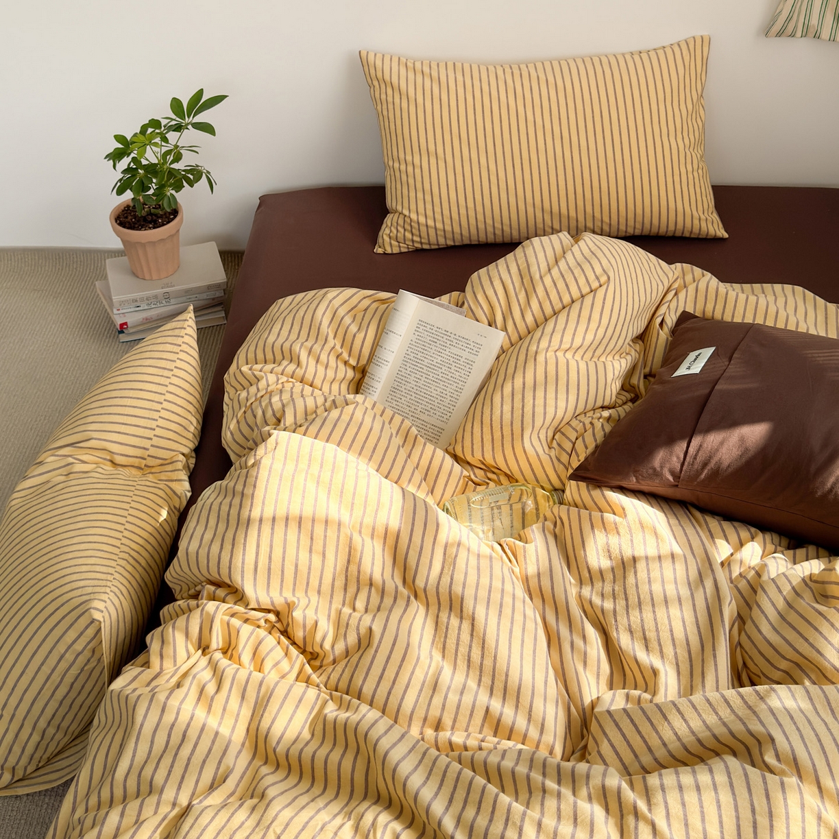 91家纺网 家纺一手货源 找家纺 玖弘家居 2025新款全棉纯棉水洗棉五色条纹混搭单被套 混搭黄咖条