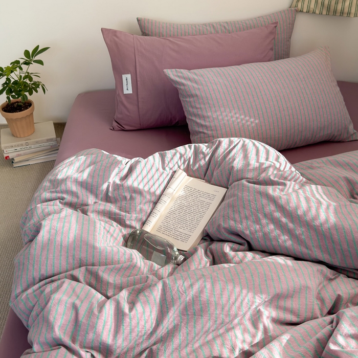 91家纺网 家纺一手货源 找家纺 玖弘家居 2025新款全棉纯棉水洗棉五色条纹混搭单被套 混搭紫粉条