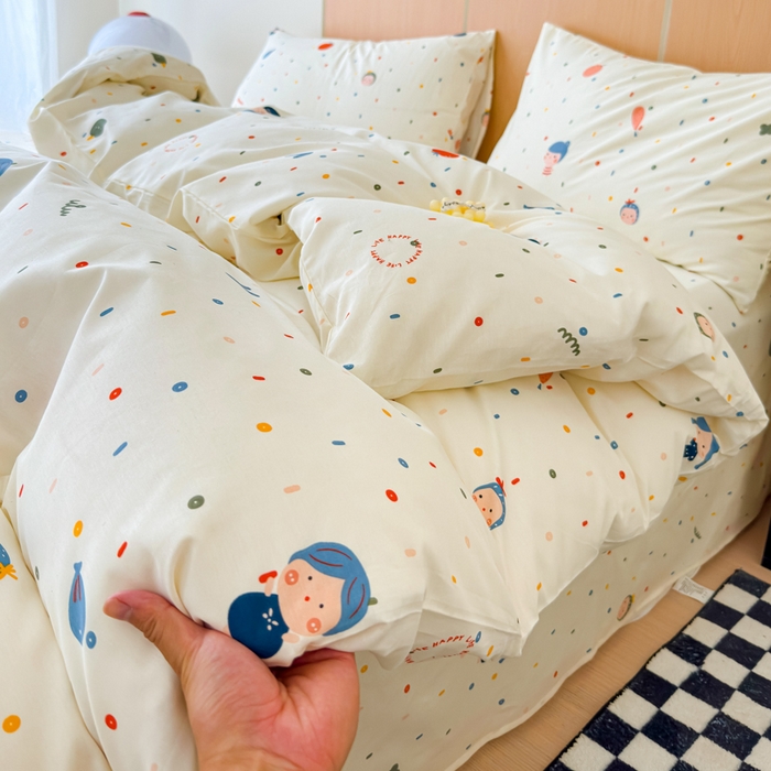 91家纺网 家纺一手货源 找家纺 感遇家纺  2025新款小清新甜系全棉四件套 波点小女孩