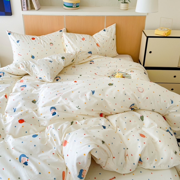 91家纺网 家纺一手货源 找家纺 感遇家纺  2025新款小清新甜系全棉四件套 波点小女孩