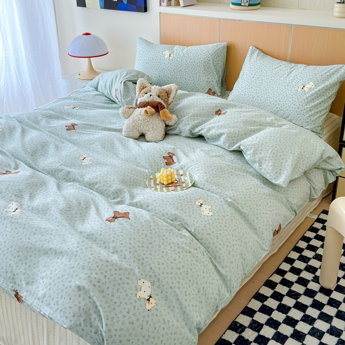 91家纺网 家纺一手货源 找家纺 感遇家纺 2025新款小清新甜系全棉四件套点点小狗