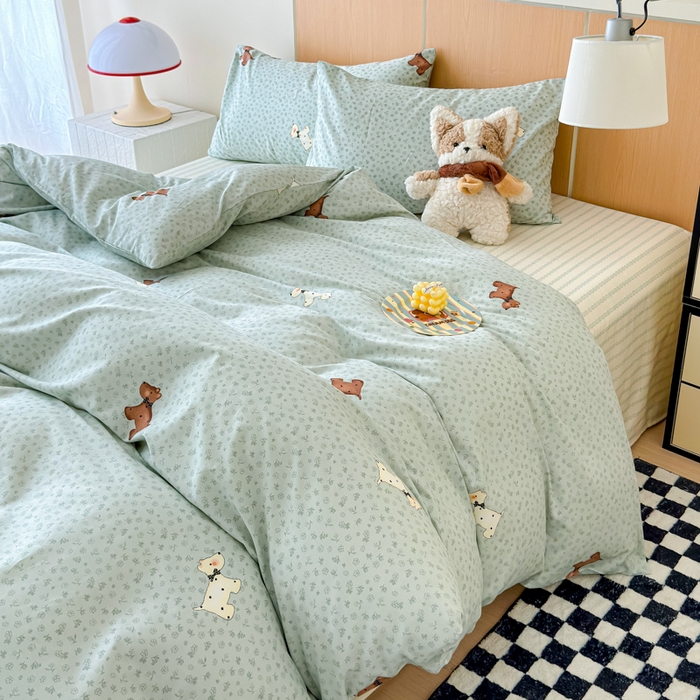 91家纺网 家纺一手货源 找家纺 感遇家纺 2025新款小清新甜系全棉四件套点点小狗