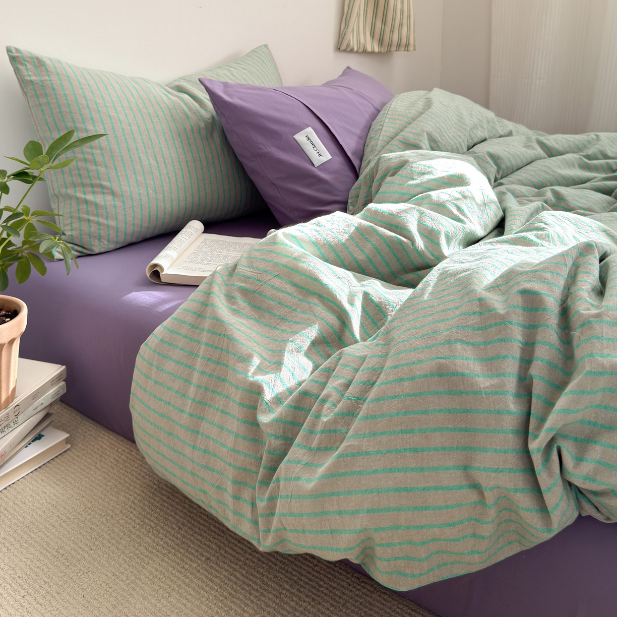 91家纺网 家纺一手货源 找家纺 玖弘家居 2025新款全棉纯棉水洗棉五色条纹混搭单被套 混搭绿紫条
