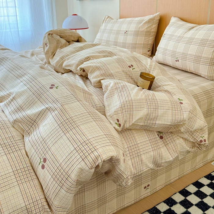 感遇家纺 2025新款小清新甜系四件套 格子樱桃