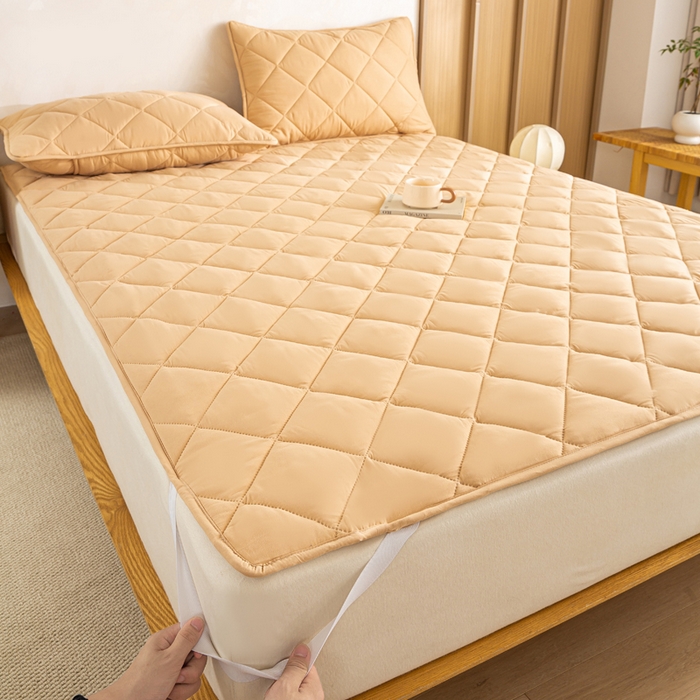 91家纺网 家纺一手货源 找家纺 憨豆家纺 2025新款水洗棉磨毛夹棉床笠四季床垫褥子床护垫薄款学生宿舍榻榻米垫被跨境加棉保护垫 床护垫-棕黄色