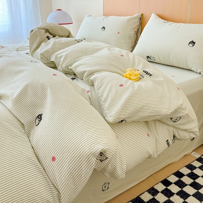 感遇家纺  2025新款小清新甜系全棉四件套 灰条猫咪