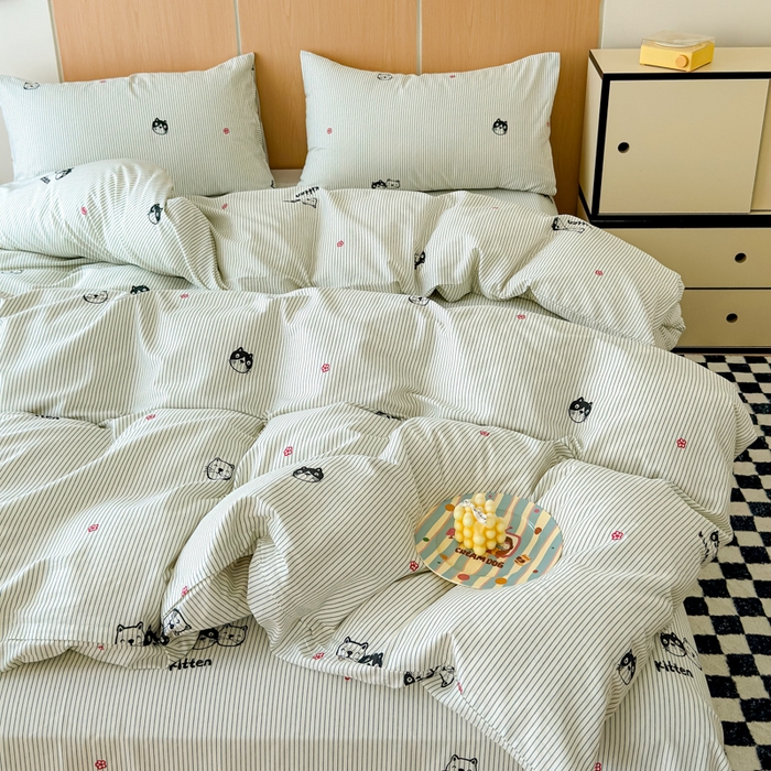 91家纺网 家纺一手货源 找家纺 感遇家纺  2025新款小清新甜系全棉四件套 灰条猫咪