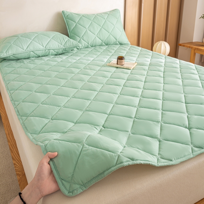 91家纺网 家纺一手货源 找家纺 憨豆家纺 2025新款水洗棉磨毛夹棉床笠四季床垫褥子床护垫薄款学生宿舍榻榻米垫被跨境加棉保护垫 床护垫-青色