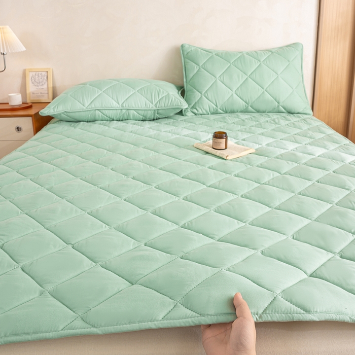 91家纺网 家纺一手货源 找家纺 憨豆家纺 2025新款水洗棉磨毛夹棉床笠四季床垫褥子床护垫薄款学生宿舍榻榻米垫被跨境加棉保护垫 床护垫-青色