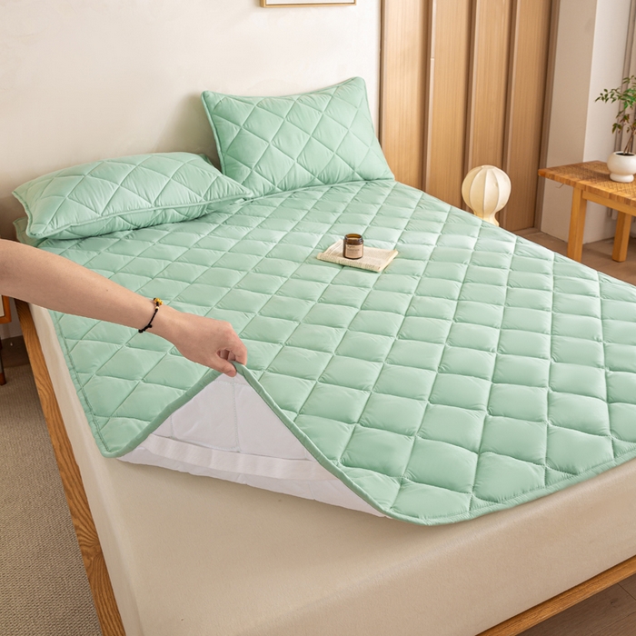 91家纺网 家纺一手货源 找家纺 憨豆家纺 2025新款水洗棉磨毛夹棉床笠四季床垫褥子床护垫薄款学生宿舍榻榻米垫被跨境加棉保护垫 床护垫-青色