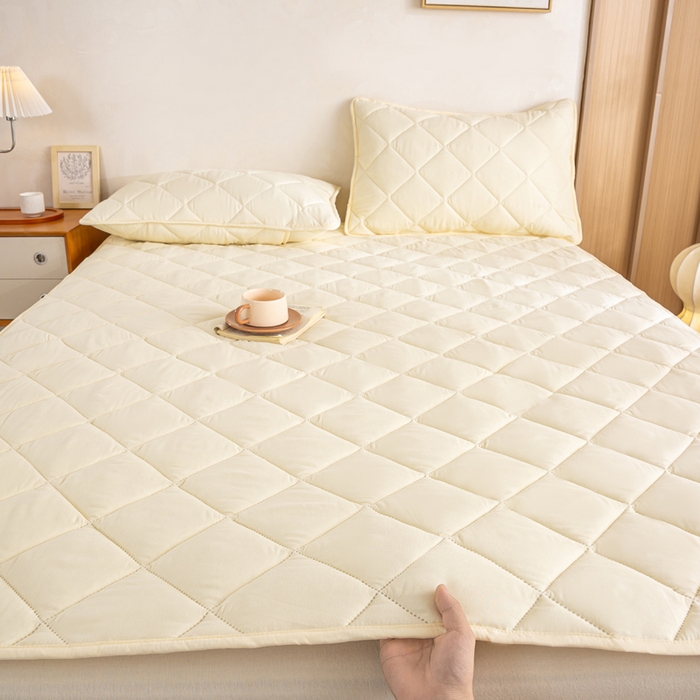 91家纺网 家纺一手货源 找家纺 憨豆家纺 2025新款水洗棉磨毛夹棉床笠四季床垫褥子床护垫薄款学生宿舍榻榻米垫被跨境加棉保护垫 床护垫-米白