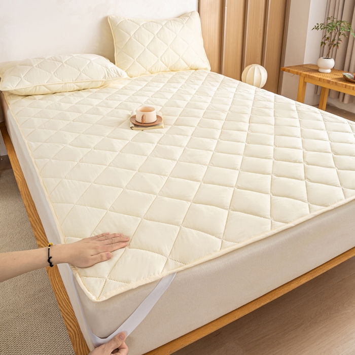 91家纺网 家纺一手货源 找家纺 憨豆家纺 2025新款水洗棉磨毛夹棉床笠四季床垫褥子床护垫薄款学生宿舍榻榻米垫被跨境加棉保护垫 床护垫-米白