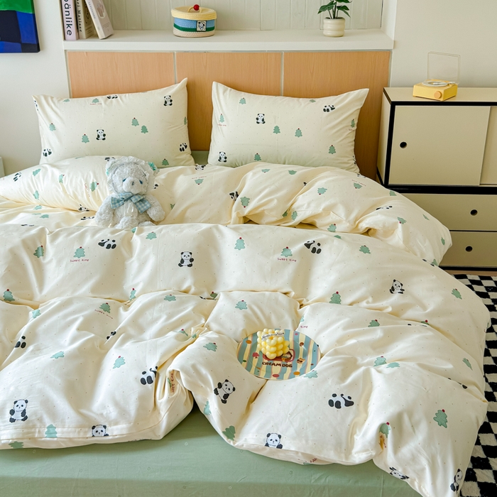 91家纺网 家纺一手货源 找家纺 感遇家纺  2025新款小清新甜系全棉四件套森林小熊猫