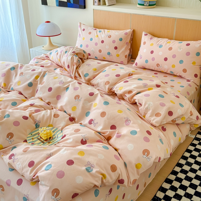 91家纺网 家纺一手货源 找家纺 感遇家纺  2025新款小清新甜系全棉四件套 甜心波点