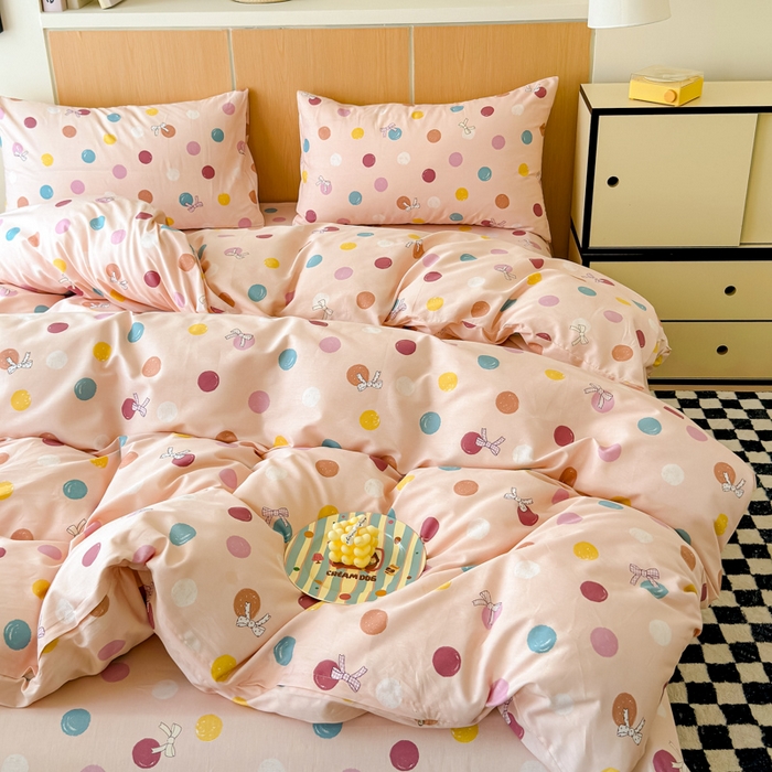 91家纺网 家纺一手货源 找家纺 感遇家纺  2025新款小清新甜系全棉四件套 甜心波点