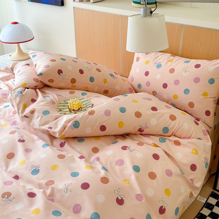 91家纺网 家纺一手货源 找家纺 感遇家纺  2025新款小清新甜系全棉四件套 甜心波点