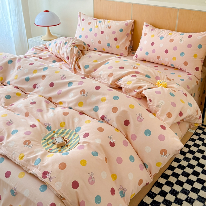 91家纺网 家纺一手货源 找家纺 感遇家纺  2025新款小清新甜系全棉四件套 甜心波点