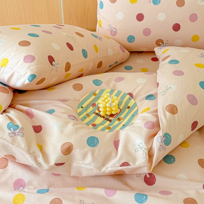 91家纺网 家纺一手货源 找家纺 感遇家纺  2025新款小清新甜系全棉四件套 甜心波点