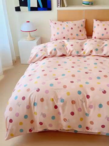 91家纺网 家纺一手货源 找家纺 感遇家纺  2025新款小清新甜系全棉四件套 甜心波点