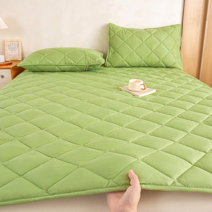 91家纺网 家纺一手货源 找家纺 憨豆家纺 2025新款水洗棉磨毛夹棉床笠四季床垫褥子床护垫薄款学生宿舍榻榻米垫被跨境加棉保护垫 床护垫-绿色