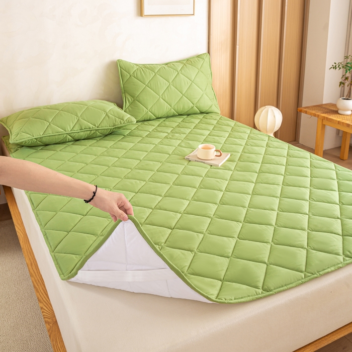 91家纺网 家纺一手货源 找家纺 憨豆家纺 2025新款水洗棉磨毛夹棉床笠四季床垫褥子床护垫薄款学生宿舍榻榻米垫被跨境加棉保护垫 床护垫-绿色