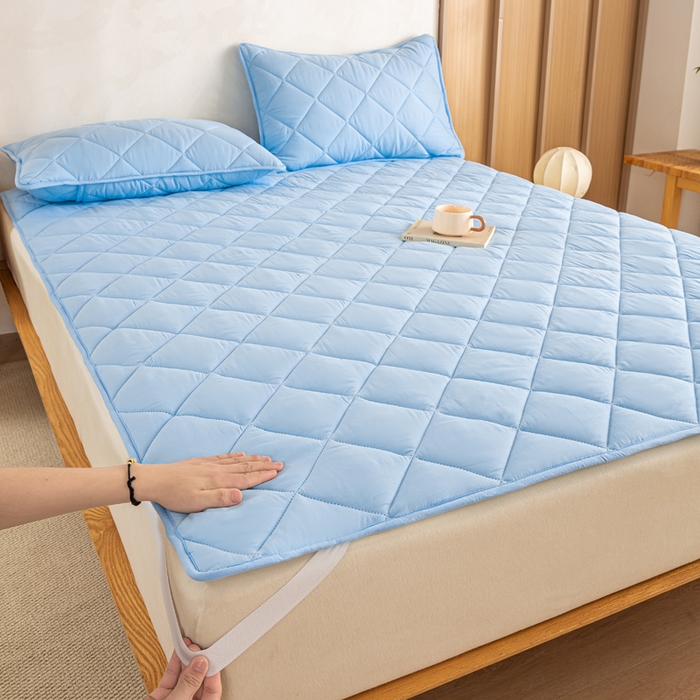 91家纺网 家纺一手货源 找家纺 憨豆家纺 2025新款水洗棉磨毛夹棉床笠四季床垫褥子床护垫薄款学生宿舍榻榻米垫被跨境加棉保护垫 床护垫-蓝色