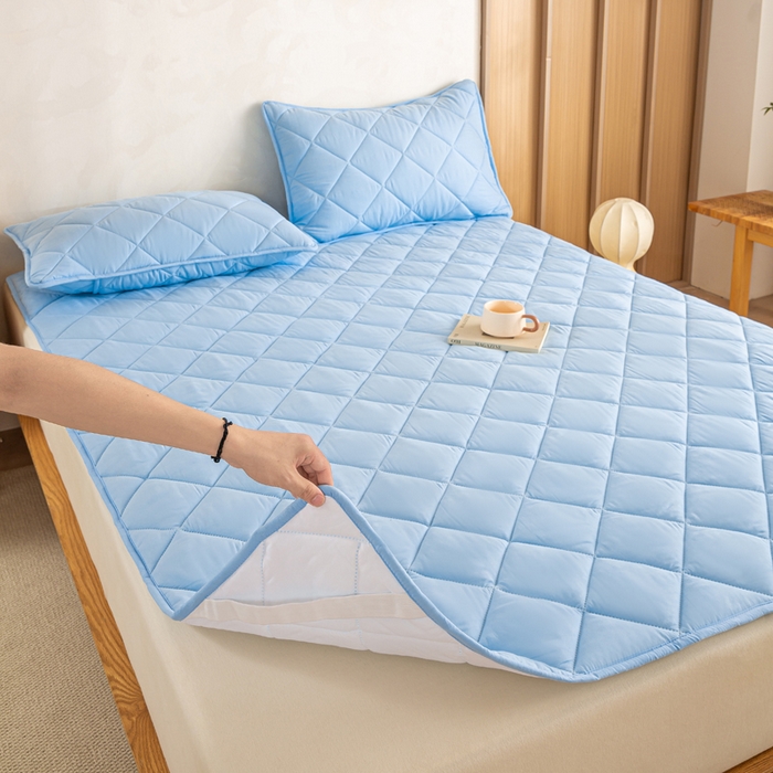 91家纺网 家纺一手货源 找家纺 憨豆家纺 2025新款水洗棉磨毛夹棉床笠四季床垫褥子床护垫薄款学生宿舍榻榻米垫被跨境加棉保护垫 床护垫-蓝色