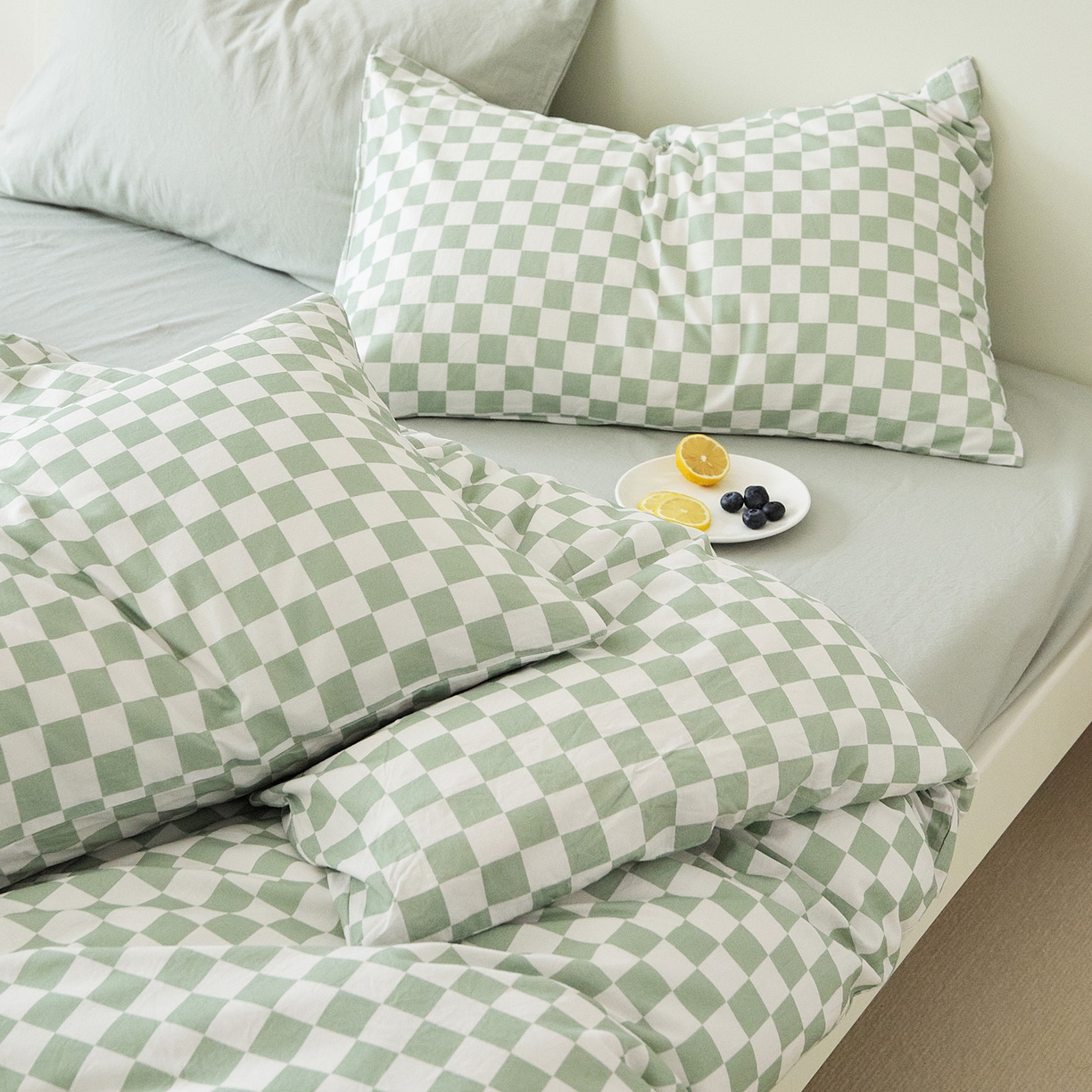 91家纺网 家纺一手货源 找家纺 EH家居 2025新款全棉斜纹印花-青春小调系列四件套 棋盘格-绿