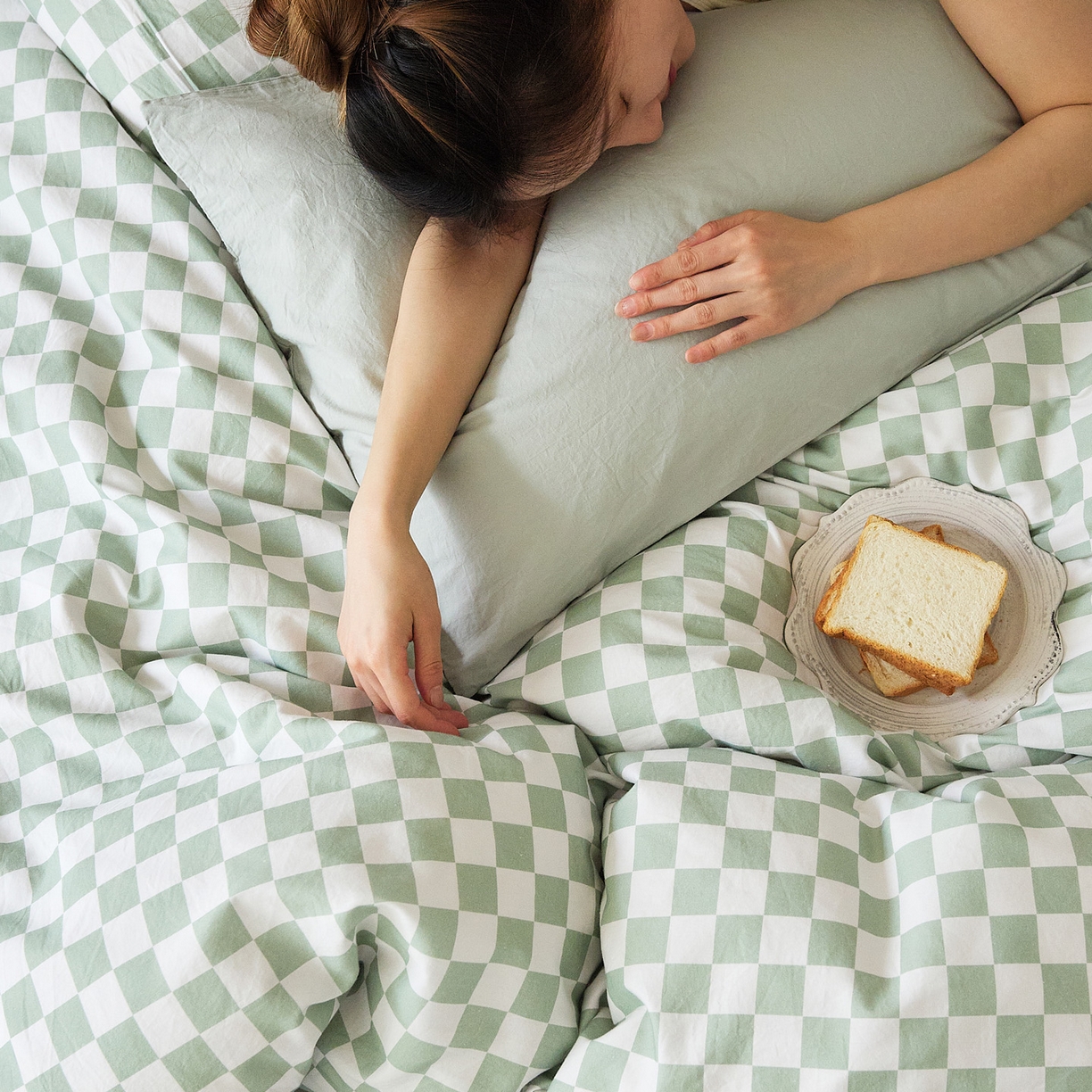 91家纺网 家纺一手货源 找家纺 EH家居 2025新款全棉斜纹印花-青春小调系列四件套 棋盘格-绿