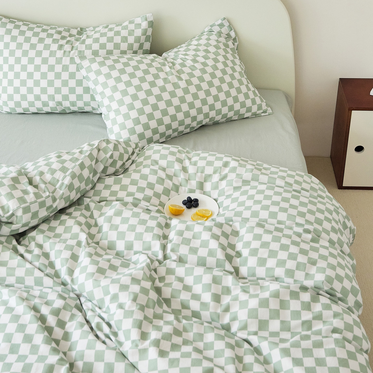 91家纺网 家纺一手货源 找家纺 EH家居 2025新款全棉斜纹印花-青春小调系列四件套 棋盘格-绿