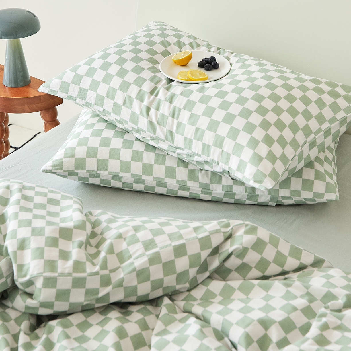 91家纺网 家纺一手货源 找家纺 EH家居 2025新款全棉斜纹印花-青春小调系列单枕套 棋盘格-绿