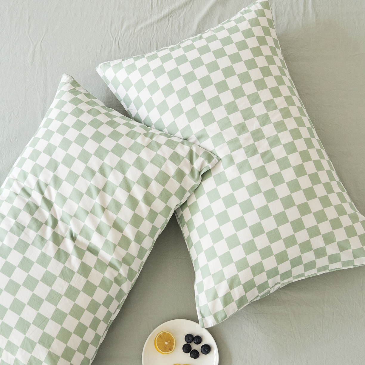 91家纺网 家纺一手货源 找家纺 EH家居 2025新款全棉斜纹印花-青春小调系列单枕套 棋盘格-绿