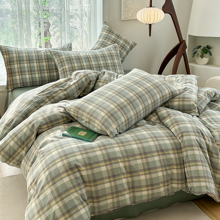 91家纺网 家纺一手货源 找家纺 尚品本色2025年新款简约风全棉水洗棉格子条纹系列四件套 莫妮卡-绿