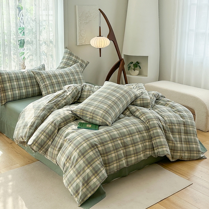 91家纺网 家纺一手货源 找家纺 尚品本色2025年新款简约风全棉水洗棉格子条纹系列四件套 莫妮卡-绿
