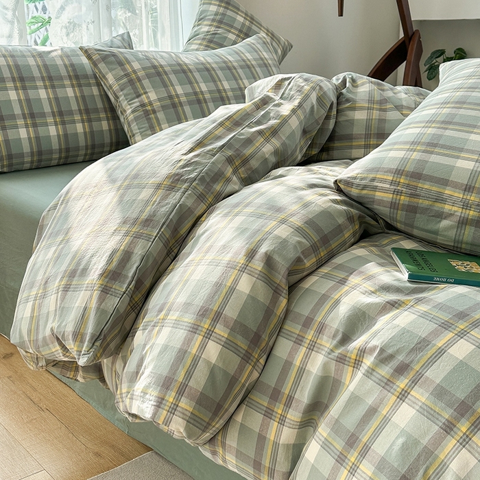 91家纺网 家纺一手货源 找家纺 尚品本色2025年新款简约风全棉水洗棉格子条纹系列四件套 莫妮卡-绿