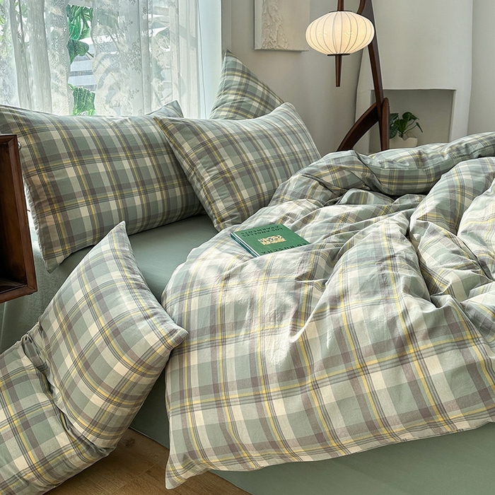 91家纺网 家纺一手货源 找家纺 尚品本色2025年新款简约风全棉水洗棉格子条纹系列四件套 莫妮卡-绿