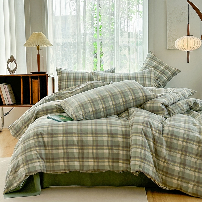 91家纺网 家纺一手货源 找家纺 尚品本色2025年新款简约风全棉水洗棉格子条纹系列四件套 莫妮卡-绿