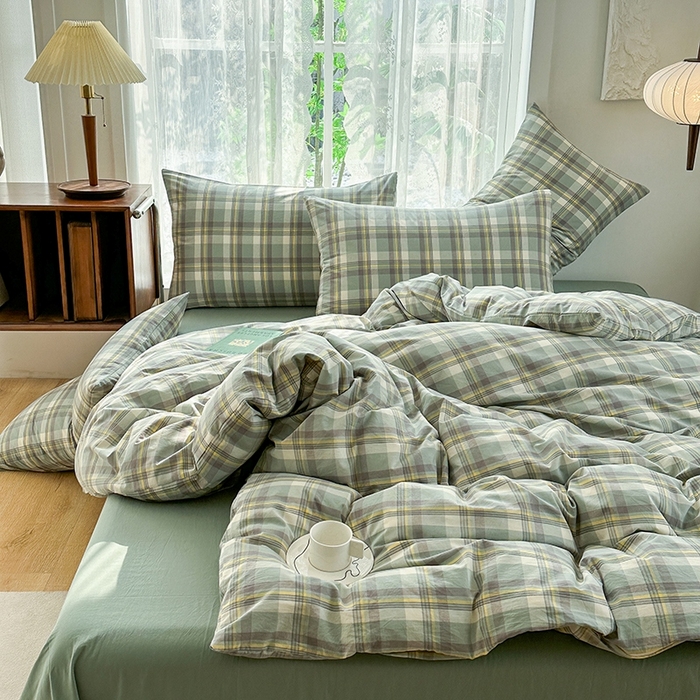 91家纺网 家纺一手货源 找家纺 尚品本色2025年新款简约风全棉水洗棉格子条纹系列四件套 莫妮卡-绿