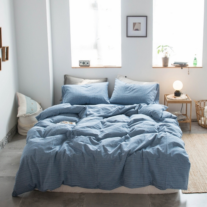 尚品本色2025年新款简约风全棉水洗棉格子条纹系列四件套 牛仔蓝细条