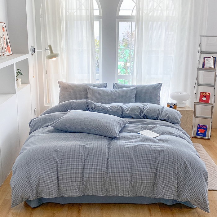 尚品本色2025年新款简约风全棉水洗棉格子条纹系列四件套 浅蓝密格